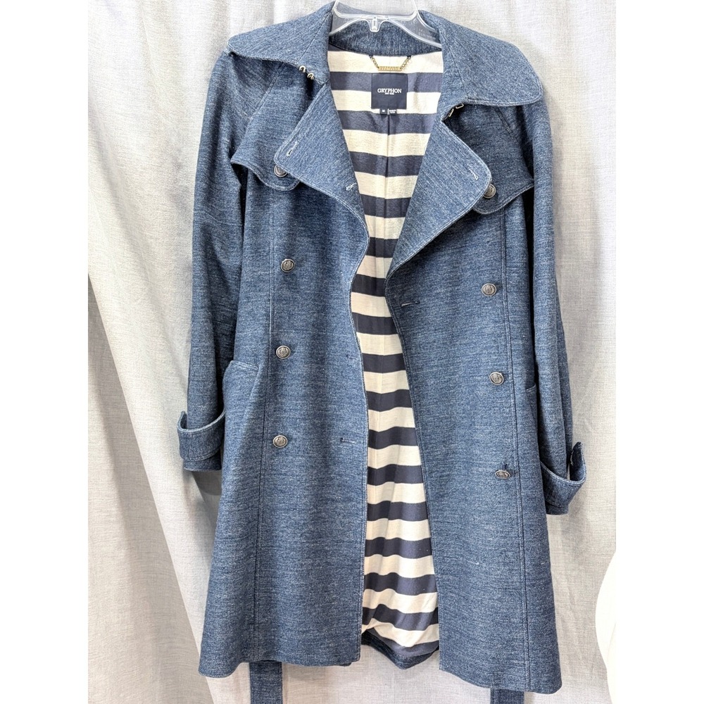 Gryphon New York Denim Trench Blue Belted Double Breasted M French Girl